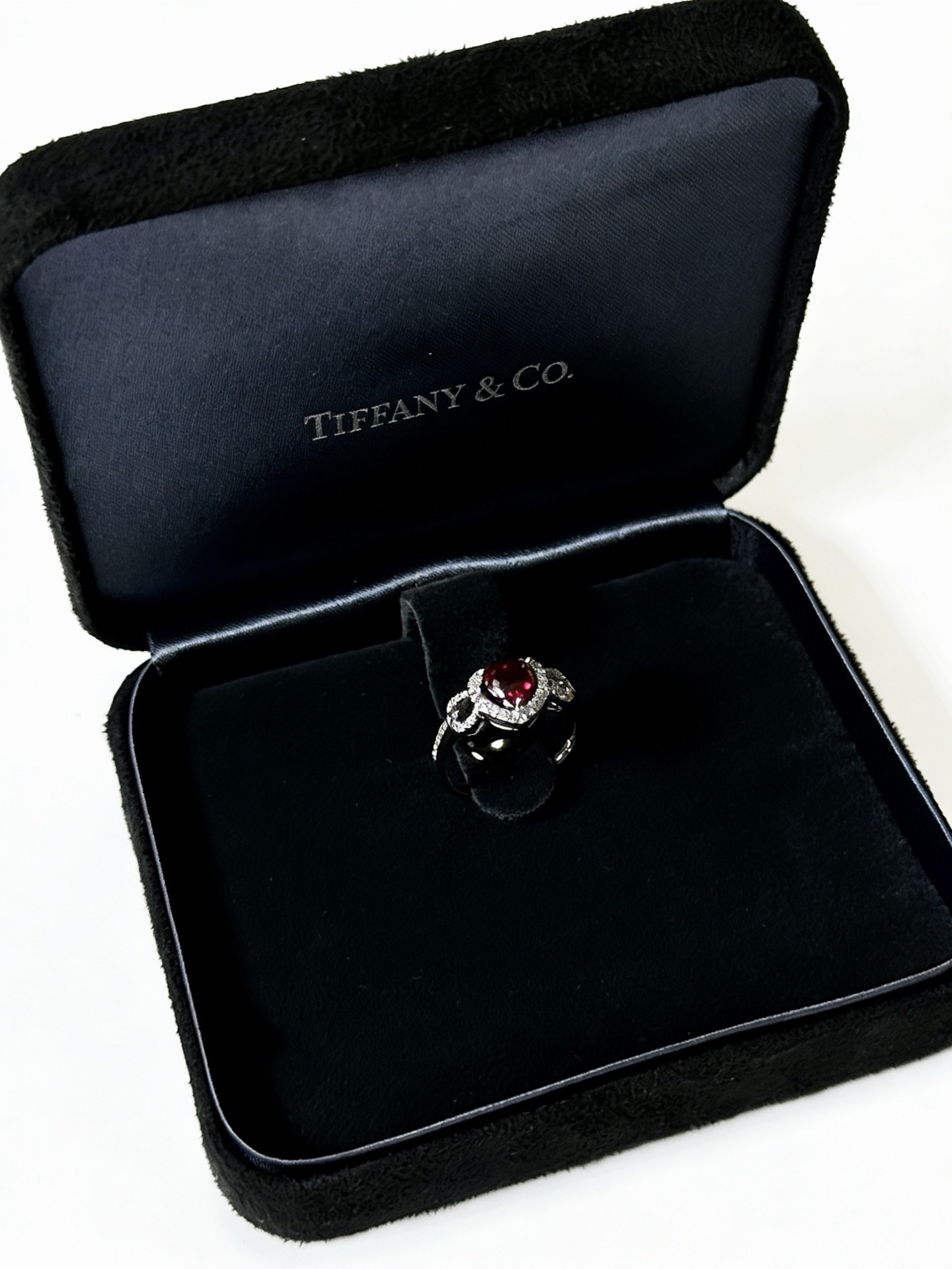 Tiffany Co Heart Gemstone Halo Ring ring Sterling silver metal deep red center gemstone clear white accent stones US 7