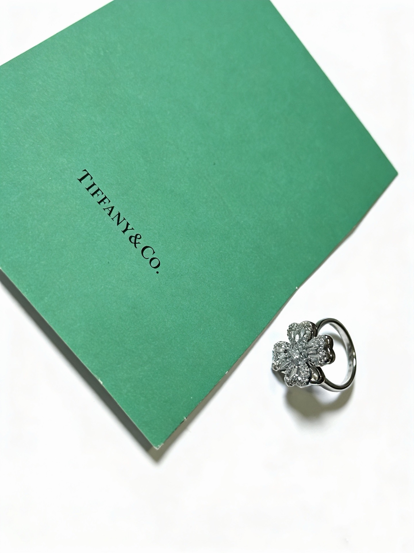 Tiffany Co Four Leaf Clover Diamond Ring ring Platinum metal with clear white diamonds US 6