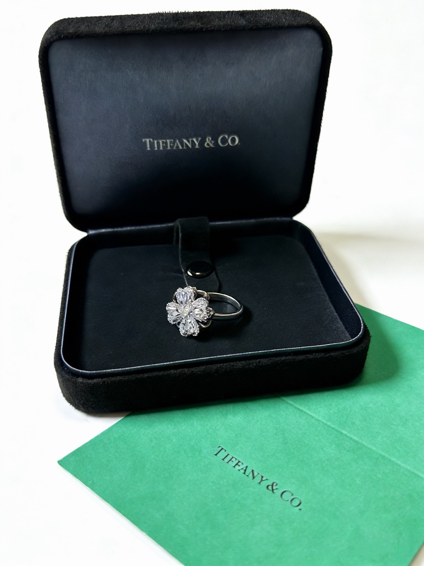 Tiffany Co Four Leaf Clover Diamond Ring ring Platinum metal with clear white diamonds US 6
