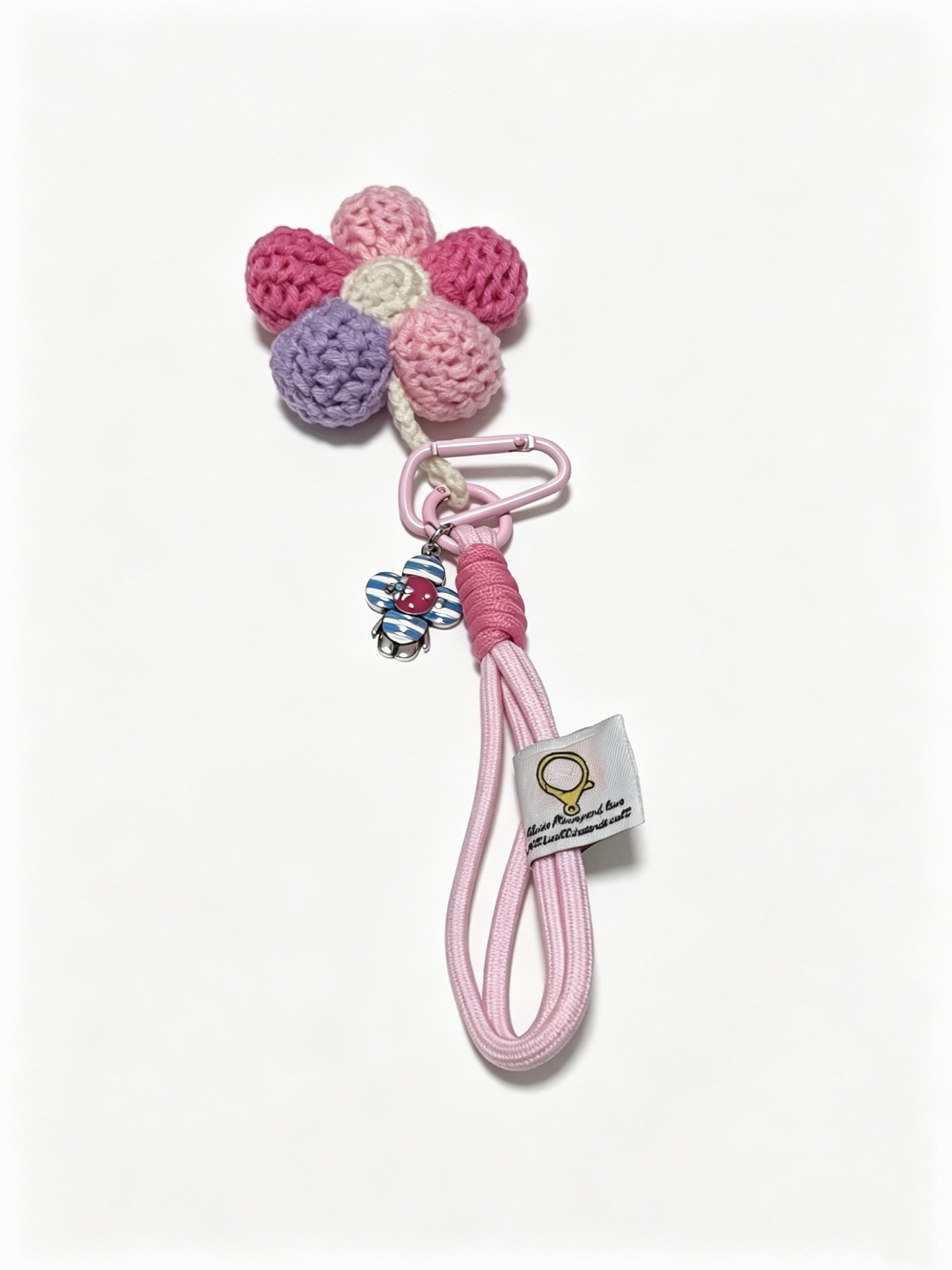 Louis Vuitton Anger Forest Crochet Flower Keychain Charm pendant Pink light pink purple cream crocheted flower with pink cord pink metal hardware silver-tone enamel flower charm 12cm total strap length