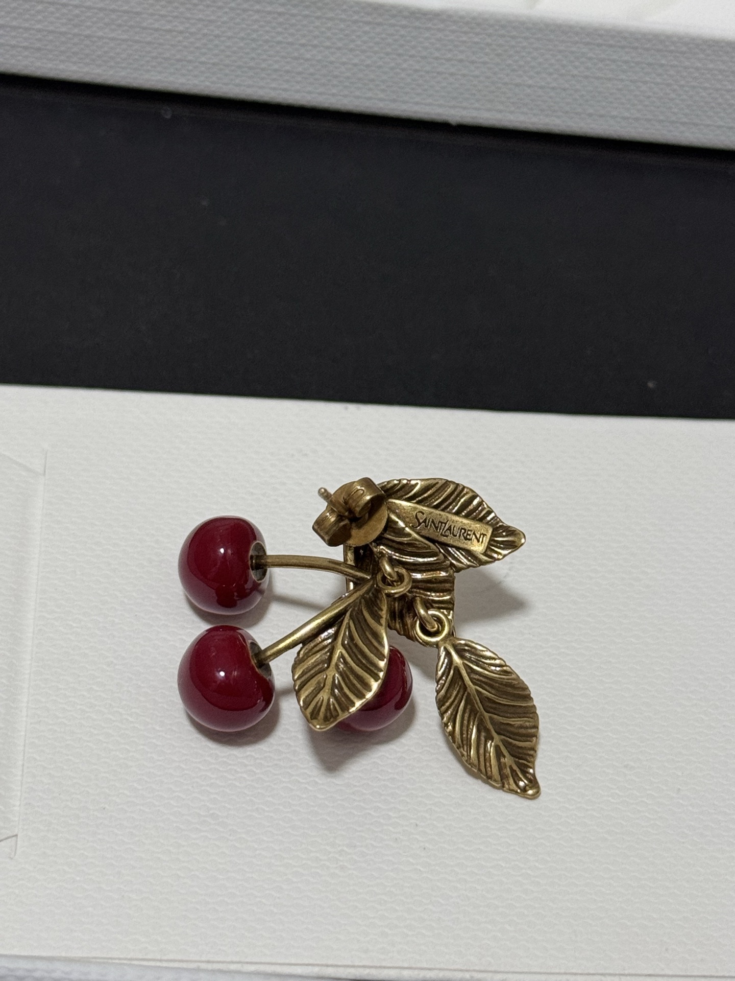 Saint Laurent Cherry Motif earrings antique gold metal deep burgundy red resin cherries 2 5cm length