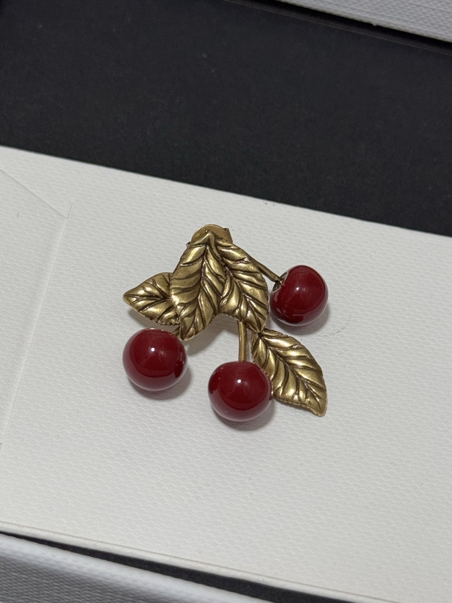 Saint Laurent Cherry Motif earrings antique gold metal deep burgundy red resin cherries 2 5cm length