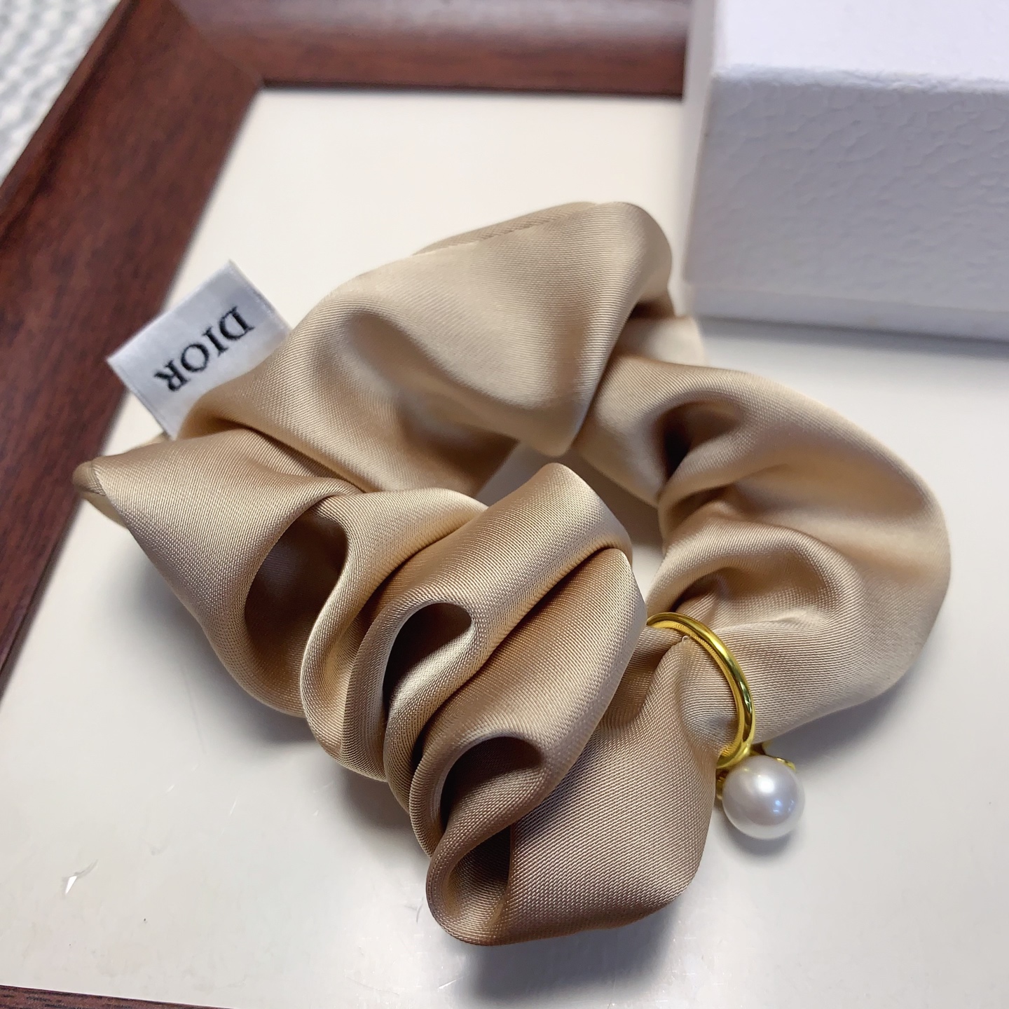 Dior CD Logo Pearl Star Satin Scrunchie bracelet champagne satin gold-tone metal white faux pearl 10cm diameter