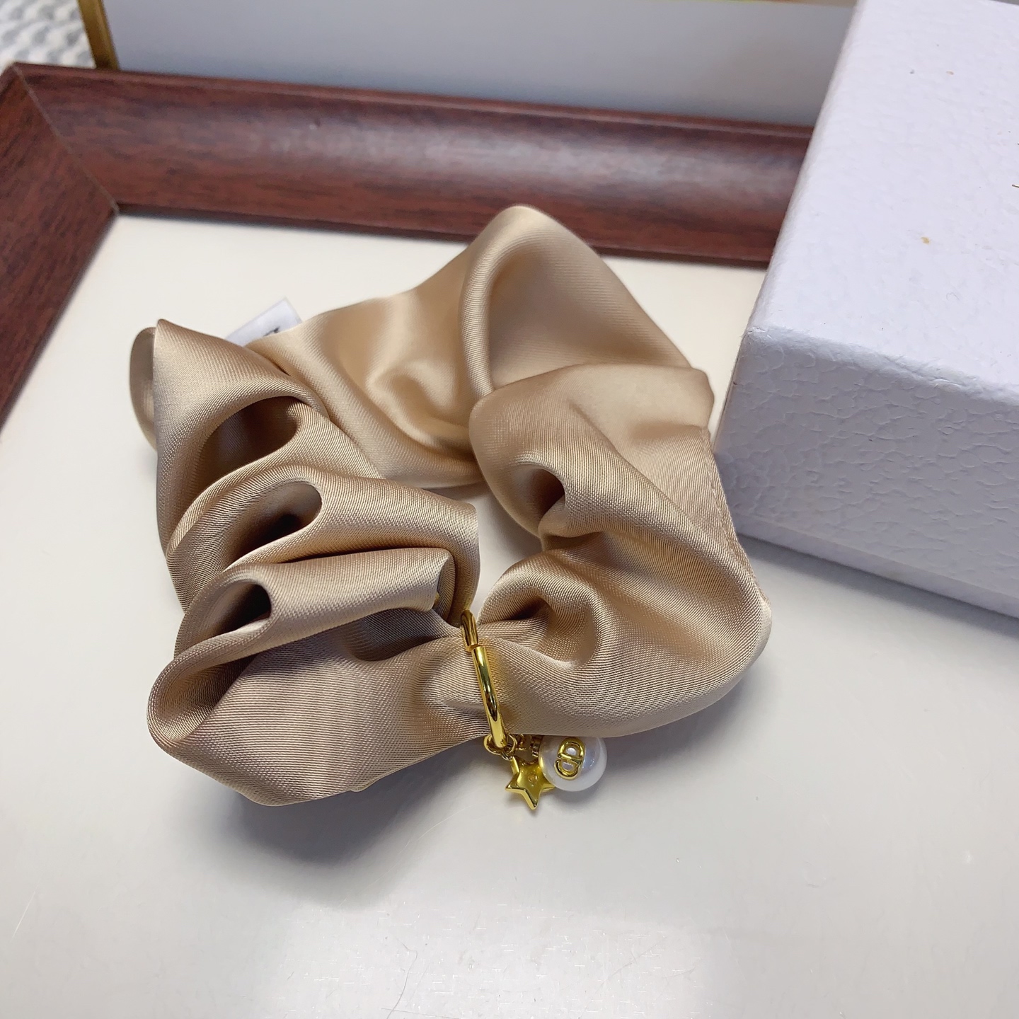 Dior CD Logo Pearl Star Satin Scrunchie bracelet champagne satin gold-tone metal white faux pearl 10cm diameter