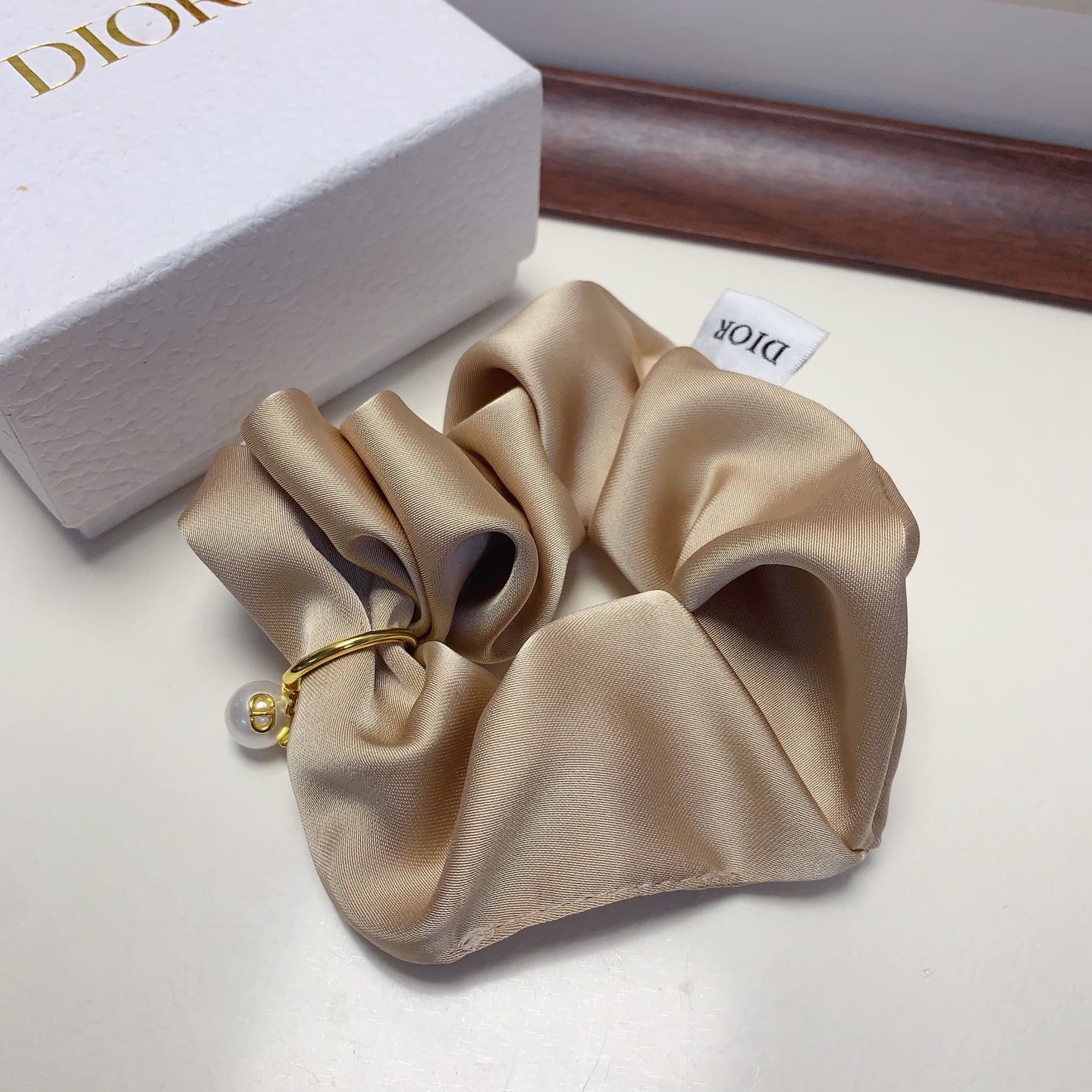 Dior CD Logo Pearl Star Satin Scrunchie bracelet champagne satin gold-tone metal white faux pearl 10cm diameter