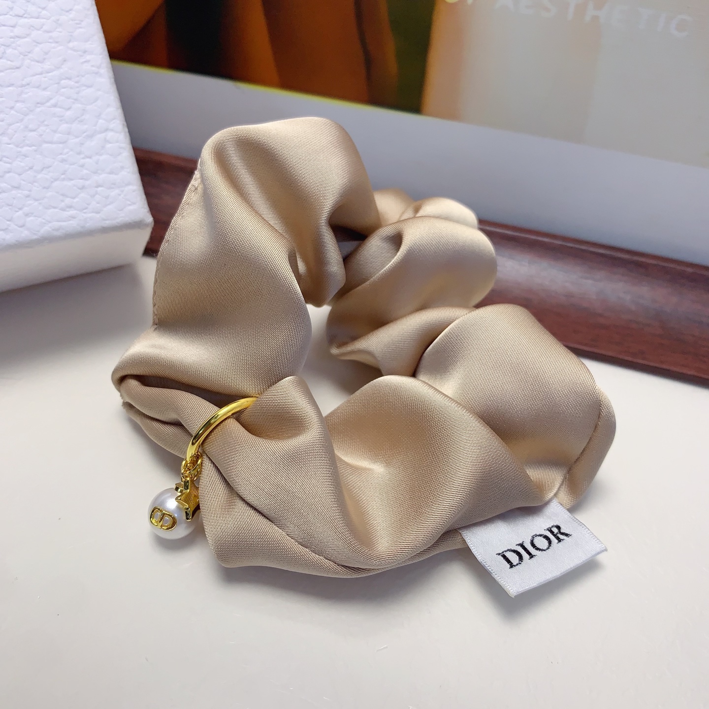 Dior CD Logo Pearl Star Satin Scrunchie bracelet champagne satin gold-tone metal white faux pearl 10cm diameter