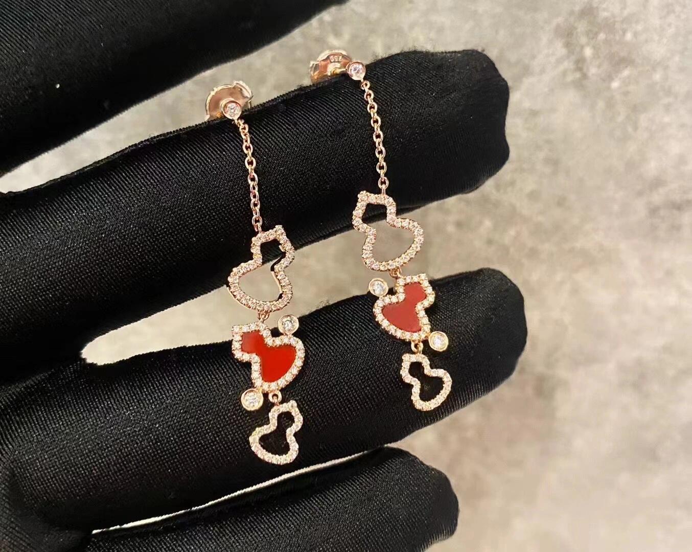 Qeelin Wulu earrings 18k rose gold red carnelian clear diamond accents 3 5cm drop length