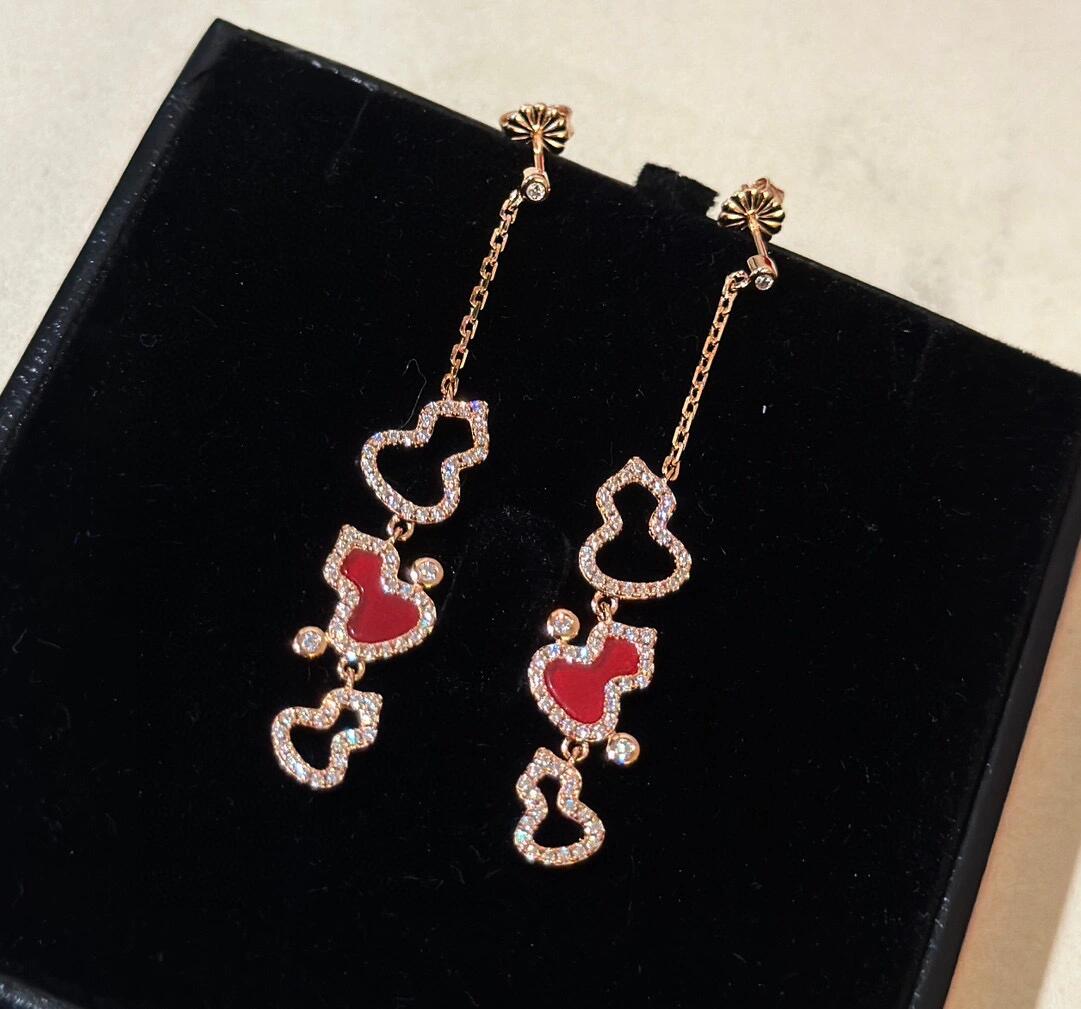 Qeelin Wulu earrings 18k rose gold red carnelian clear diamond accents 3 5cm drop length