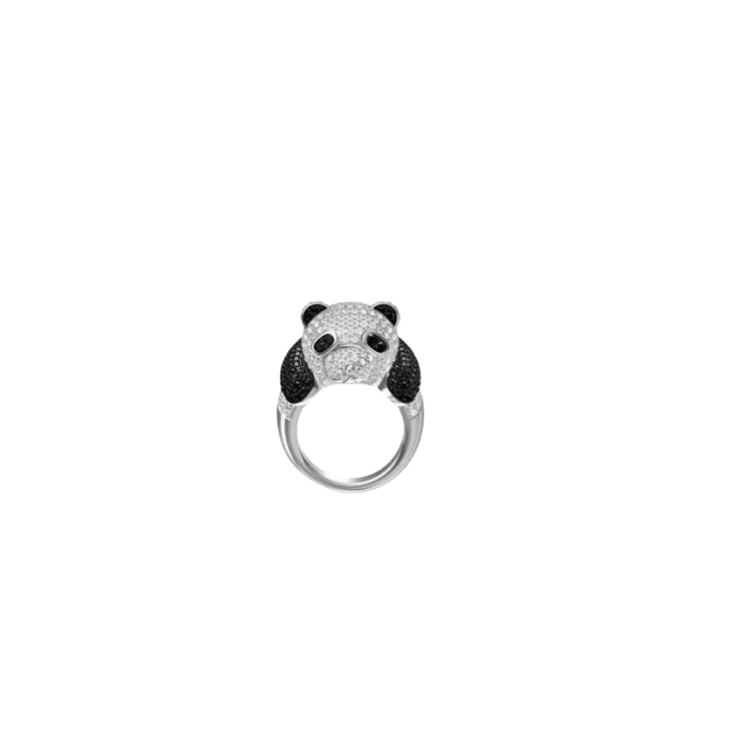 Qeelin Bo Bo Panda ring Sterling silver with white diamond pave and black diamond pave black and white panda design US 7