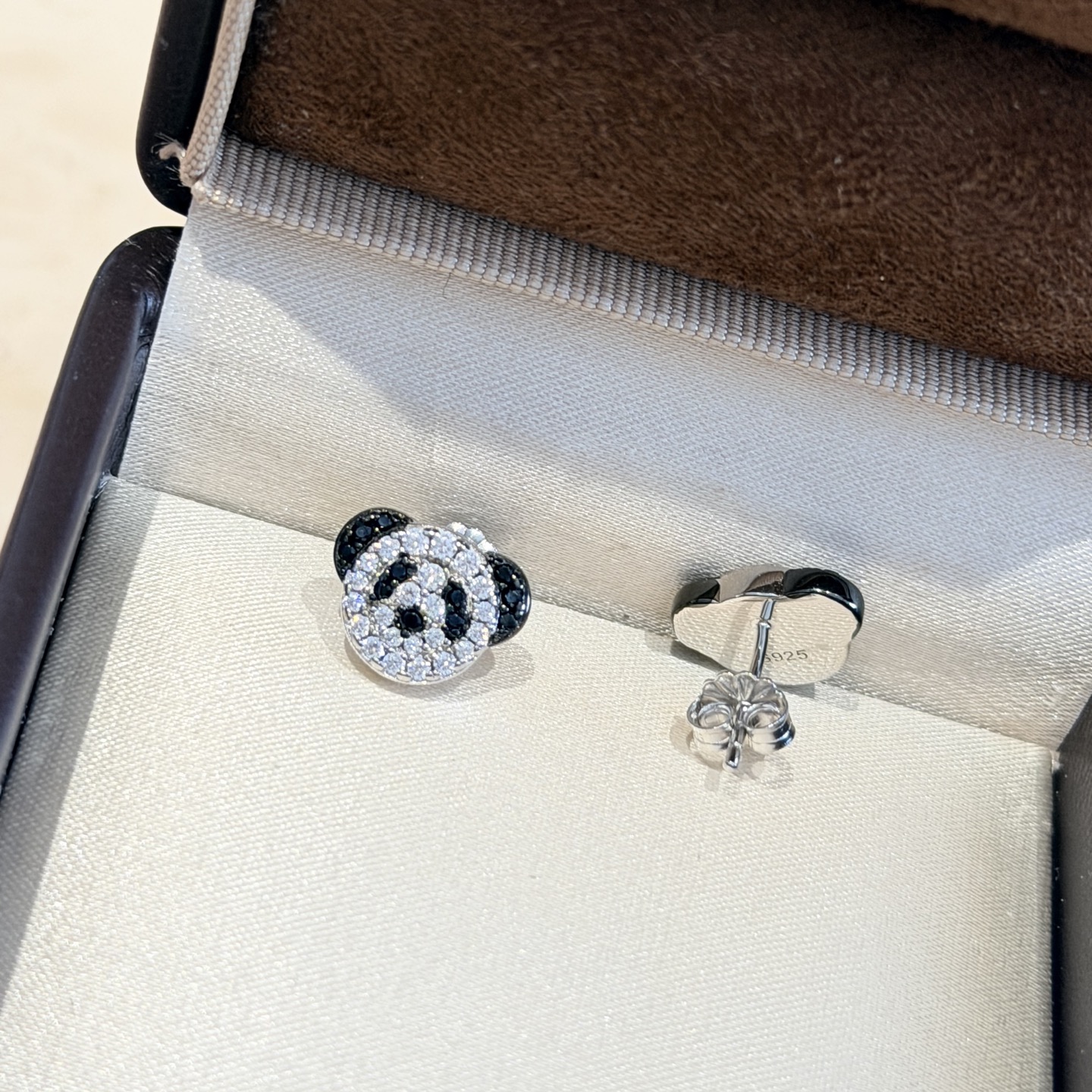 Qeelin Bo Bo Panda earrings 925 sterling silver with clear pave stones and black accent stones 8mm stud diameter