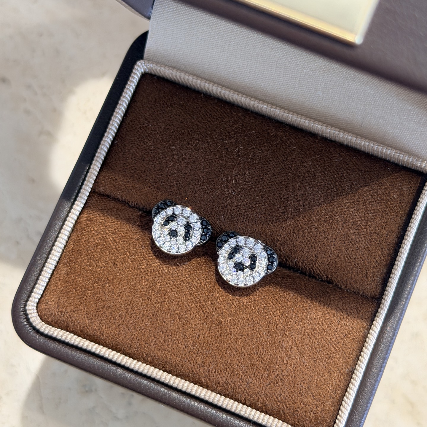 Qeelin Bo Bo Panda earrings 925 sterling silver with clear pave stones and black accent stones 8mm stud diameter