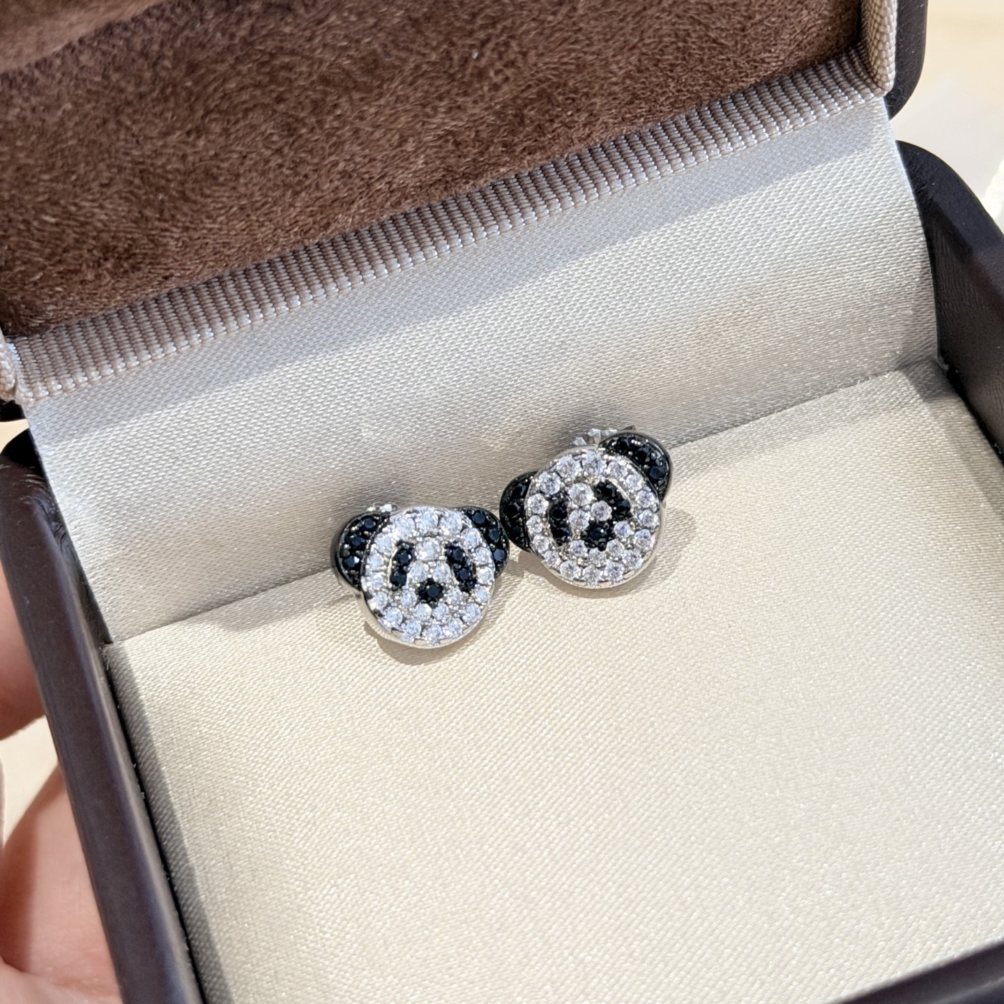 Qeelin Bo Bo Panda earrings 925 sterling silver with clear pave stones and black accent stones 8mm stud diameter
