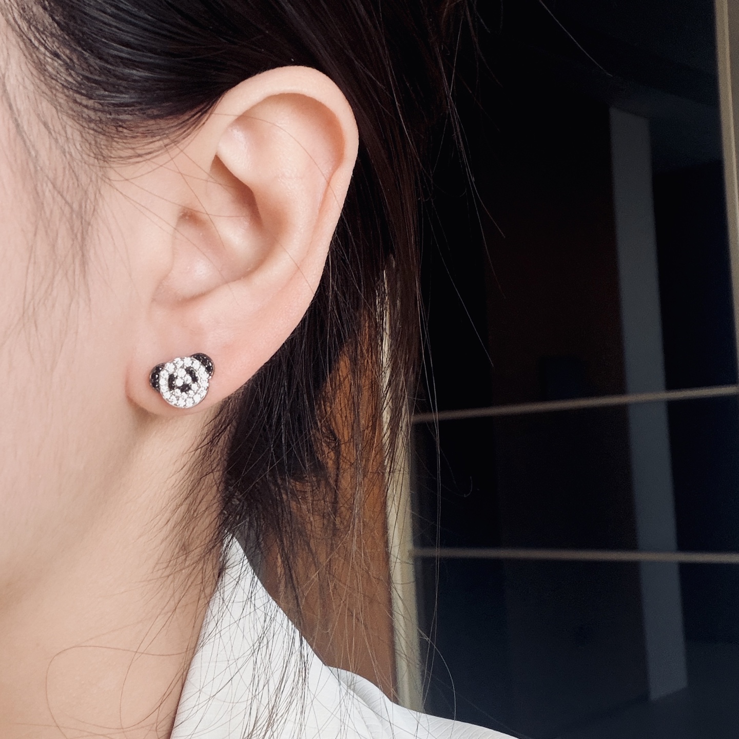 Qeelin Bo Bo Panda earrings 925 sterling silver with clear pave stones and black accent stones 8mm stud diameter