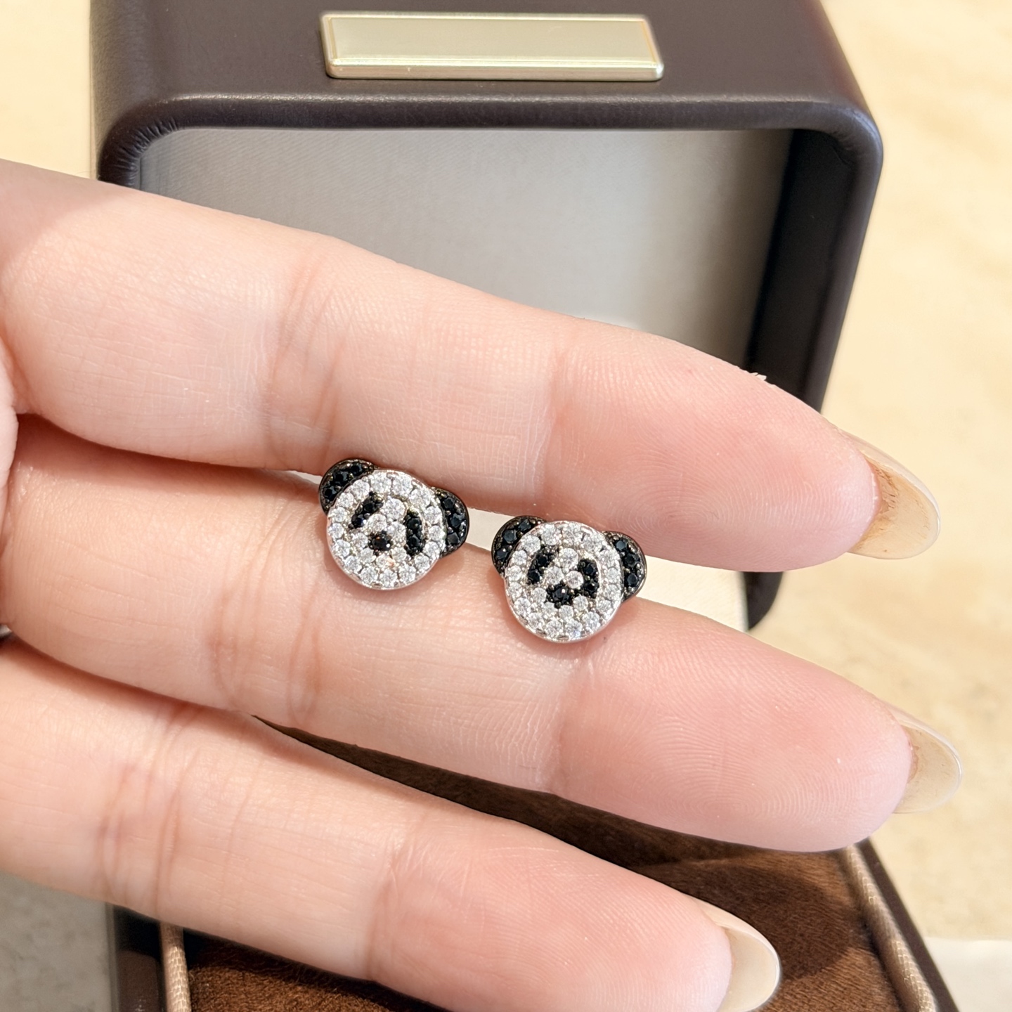 Qeelin Bo Bo Panda earrings 925 sterling silver with clear pave stones and black accent stones 8mm stud diameter