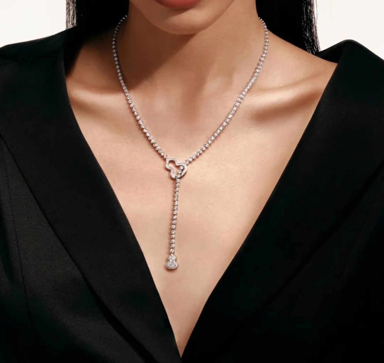 Qeelin Wulu Full Diamond Tassel Y Necklace necklace silver-toned metal with clear white diamonds 42cm with 5cm extender