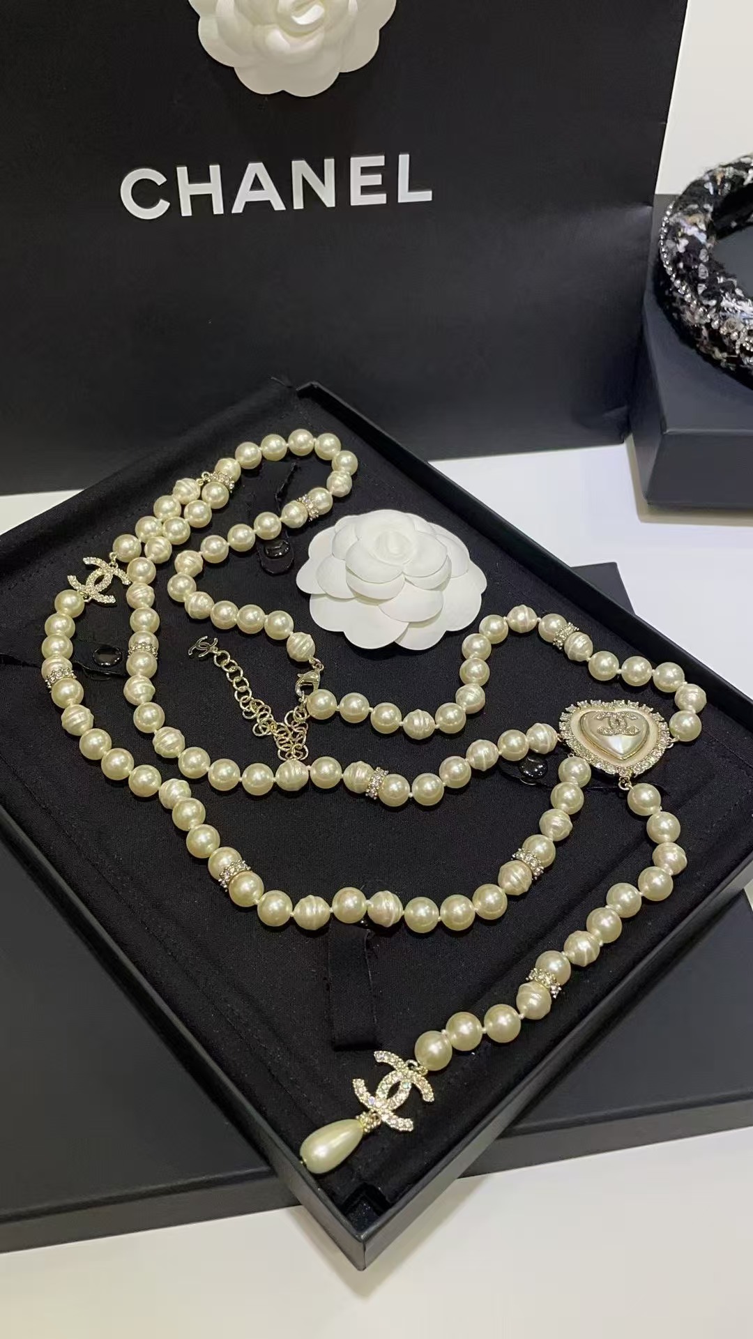 Chanel CC Heart Pearl Long Chain necklace light gold tone metal cream faux pearls clear crystal accents 80cm with 5cm extender