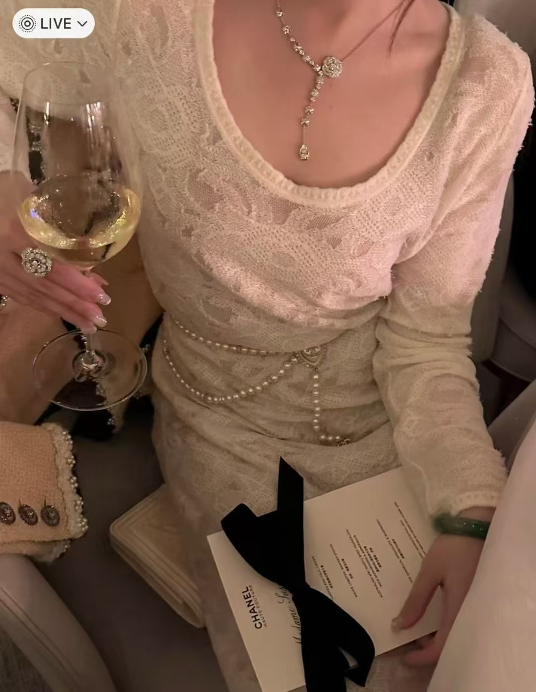 Chanel CC Heart Pearl Long Chain necklace light gold tone metal cream faux pearls clear crystal accents 80cm with 5cm extender
