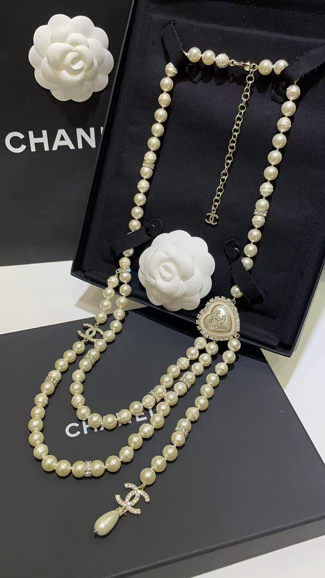 Chanel CC Heart Pearl Long Chain necklace light gold tone metal cream faux pearls clear crystal accents 80cm with 5cm extender