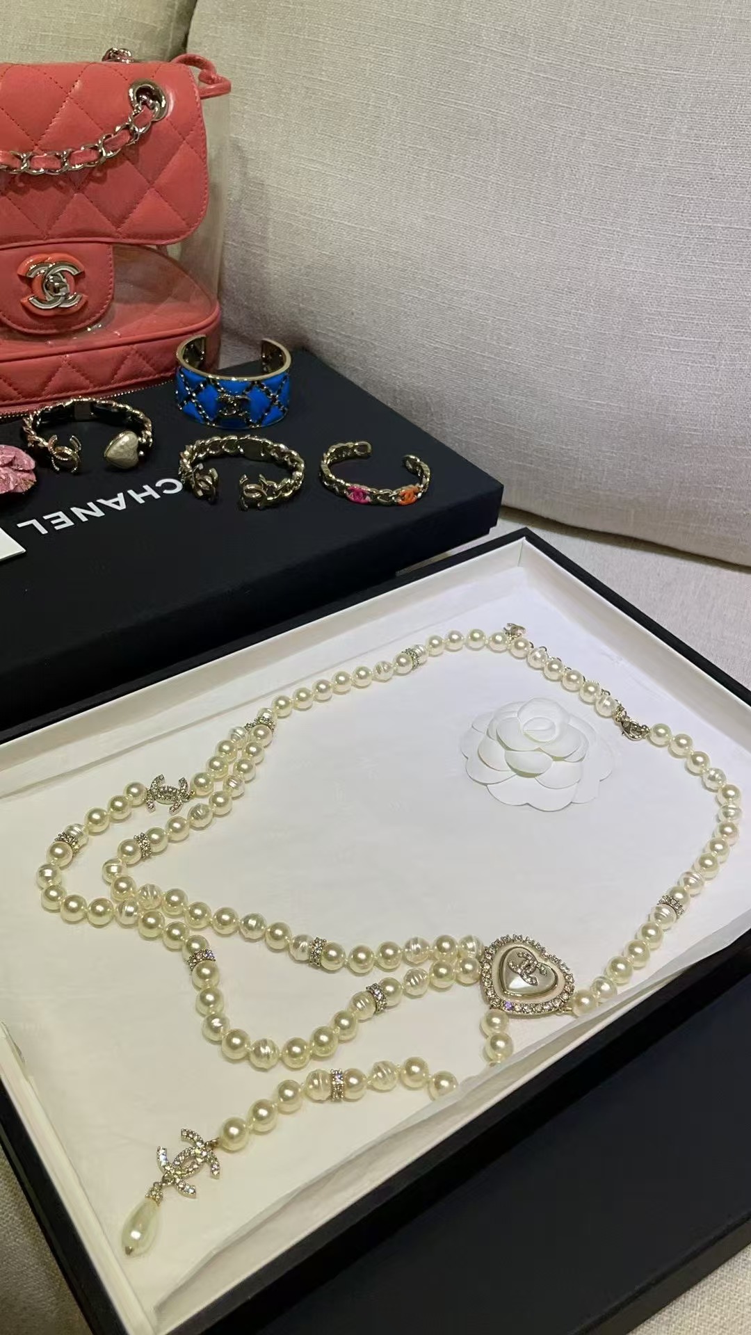 Chanel CC Heart Pearl Long Chain necklace light gold tone metal cream faux pearls clear crystal accents 80cm with 5cm extender