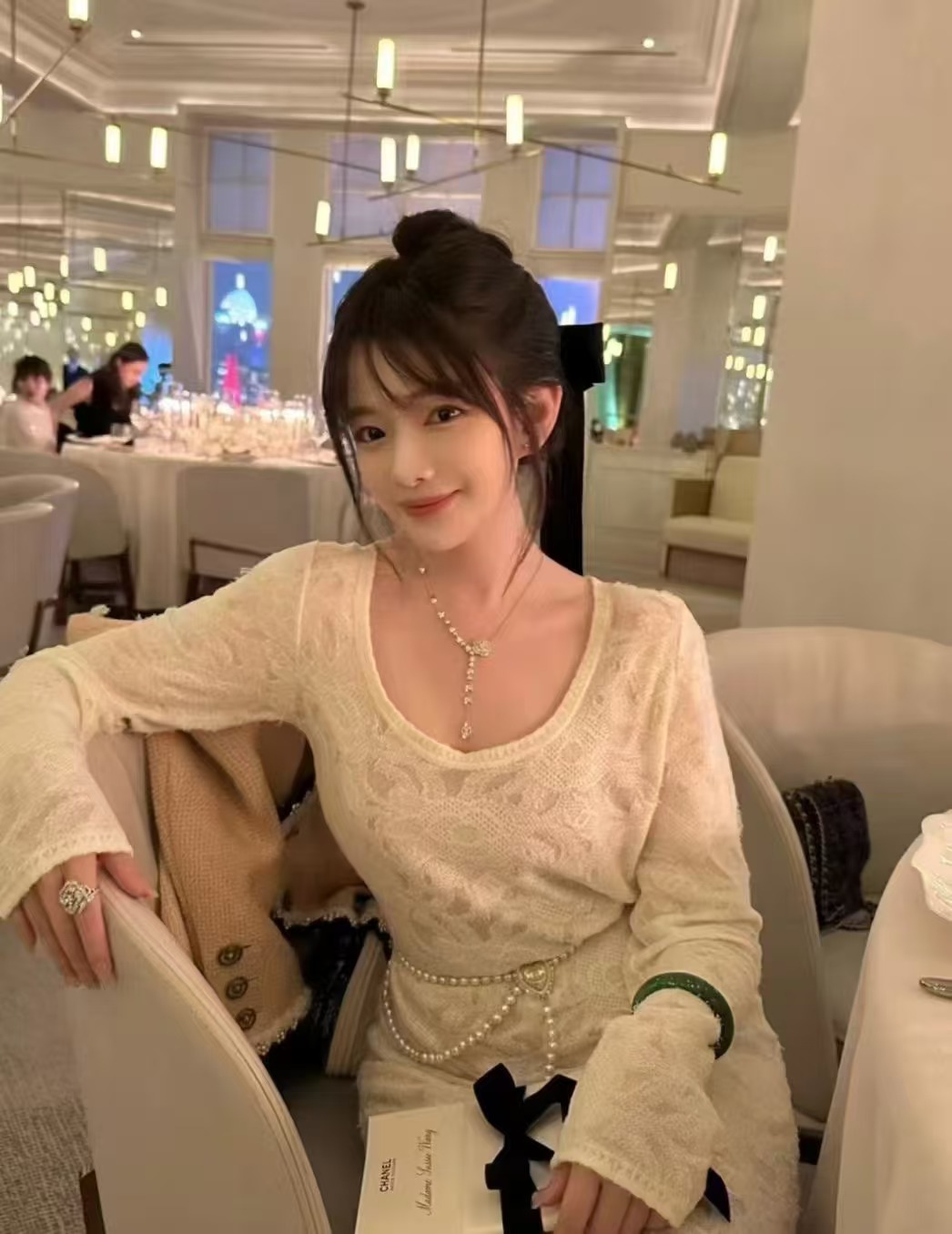 Chanel CC Heart Pearl Long Chain necklace light gold tone metal cream faux pearls clear crystal accents 80cm with 5cm extender