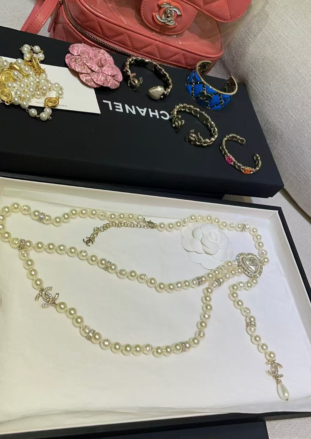 Chanel CC Heart Pearl Long Chain necklace light gold tone metal cream faux pearls clear crystal accents 80cm with 5cm extender