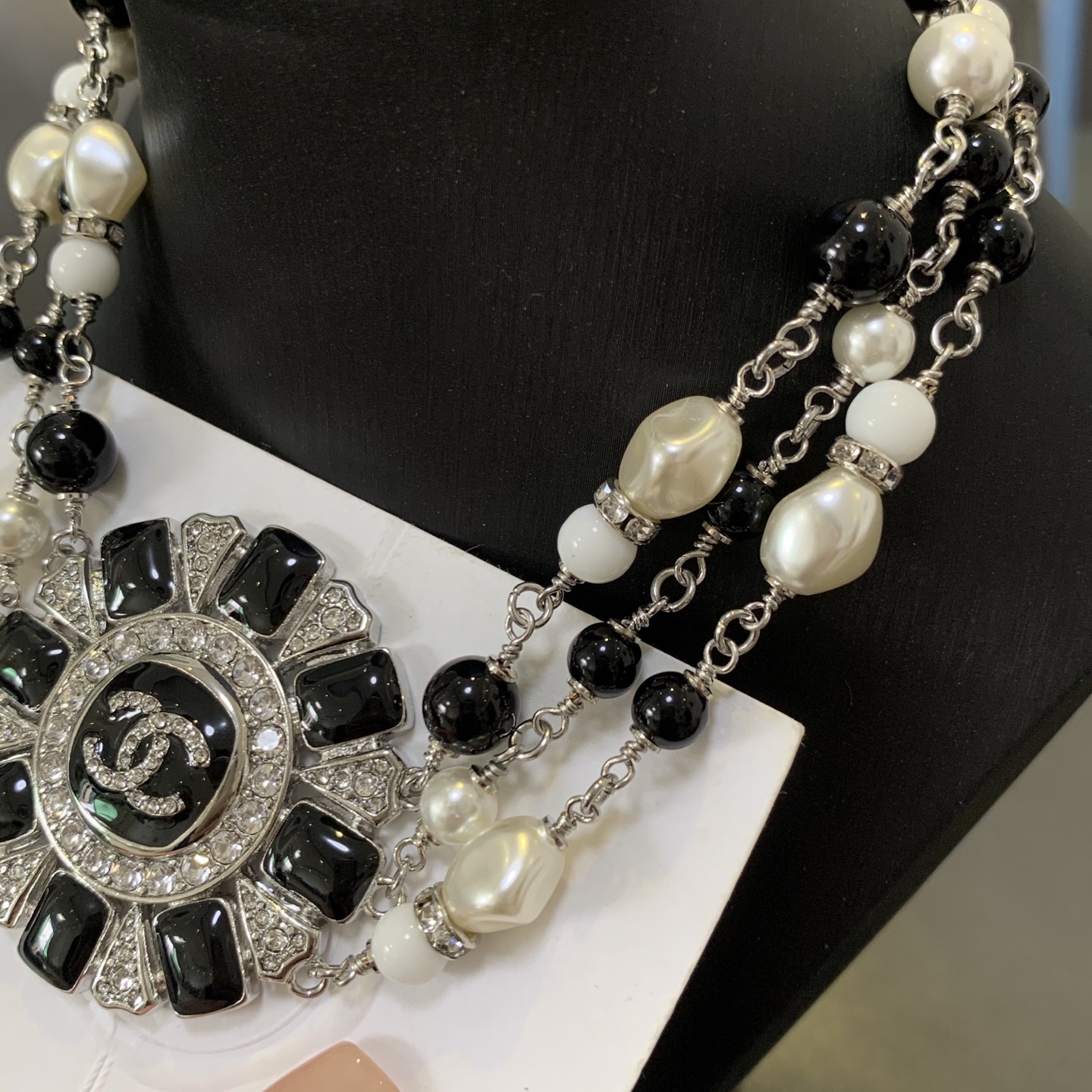Chanel CC Sunburst Multi-Strand Beaded Choker necklace Silver-tone metal black resin white faux pearl white resin clear crystal 16 inches with 2 inch extender