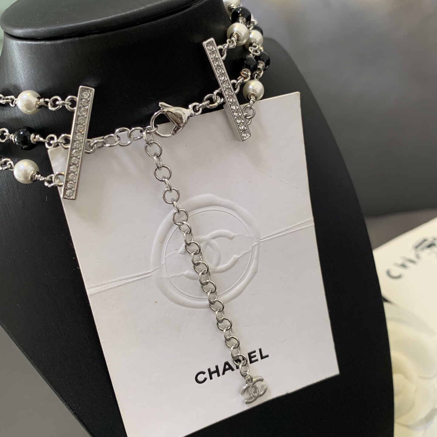 Chanel CC Sunburst Multi-Strand Beaded Choker necklace Silver-tone metal black resin white faux pearl white resin clear crystal 16 inches with 2 inch extender