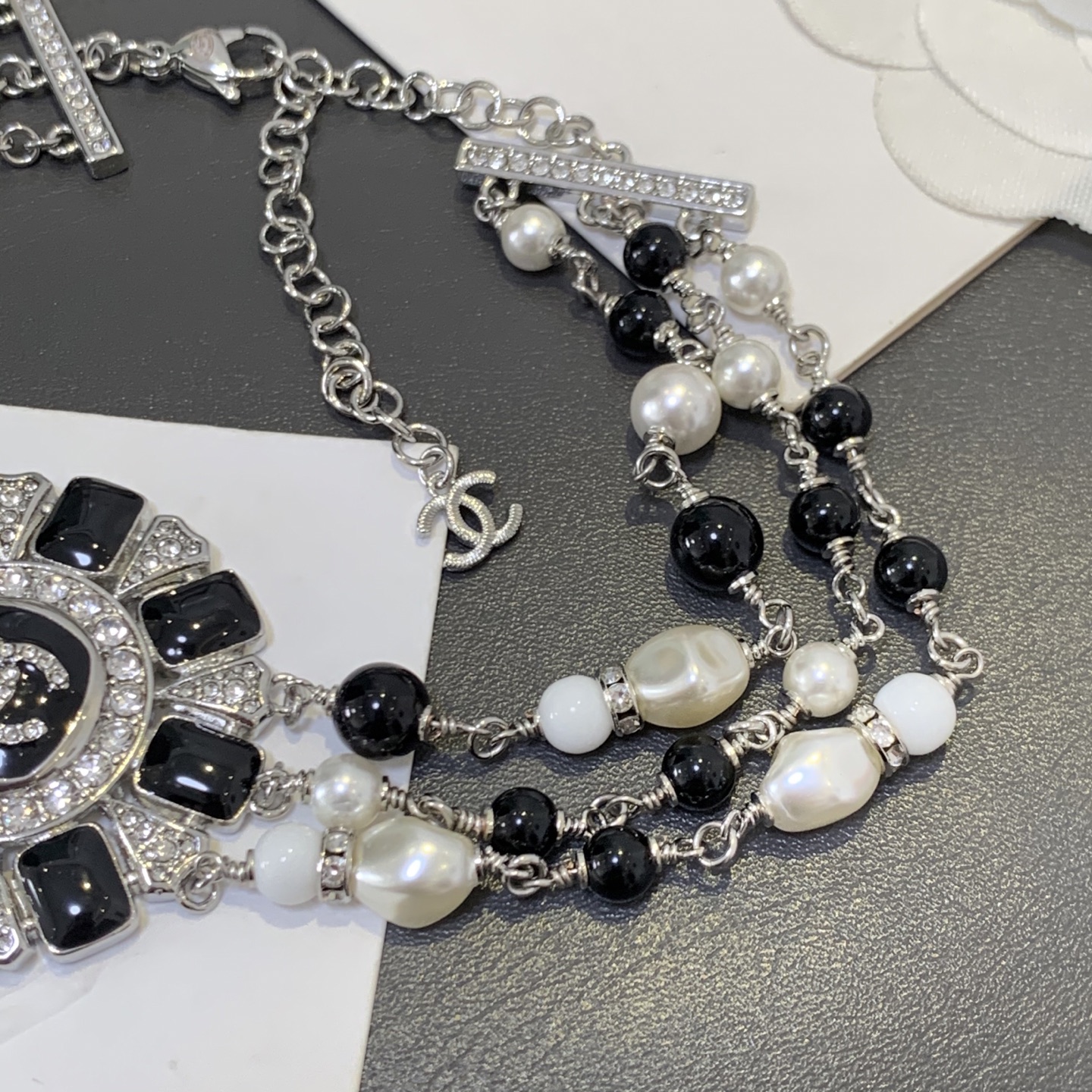Chanel CC Sunburst Multi-Strand Beaded Choker necklace Silver-tone metal black resin white faux pearl white resin clear crystal 16 inches with 2 inch extender