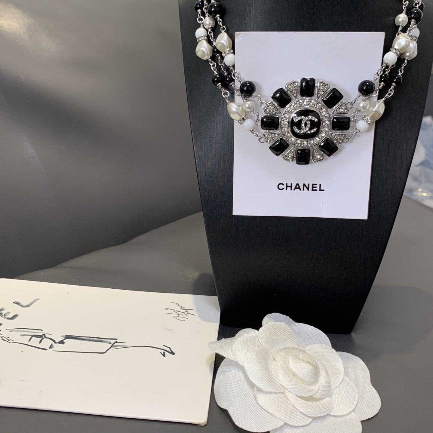 Chanel CC Sunburst Multi-Strand Beaded Choker necklace Silver-tone metal black resin white faux pearl white resin clear crystal 16 inches with 2 inch extender
