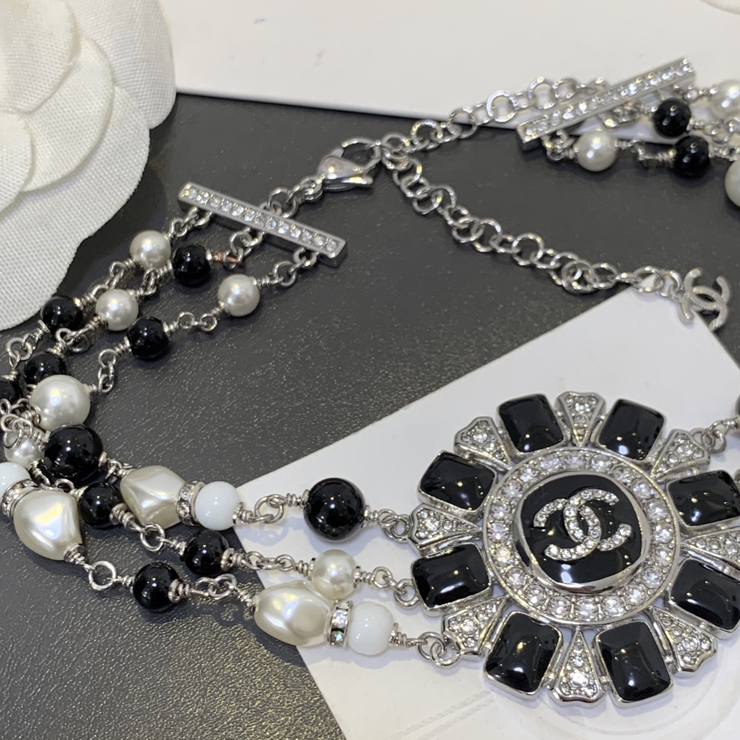 Chanel CC Sunburst Multi-Strand Beaded Choker necklace Silver-tone metal black resin white faux pearl white resin clear crystal 16 inches with 2 inch extender
