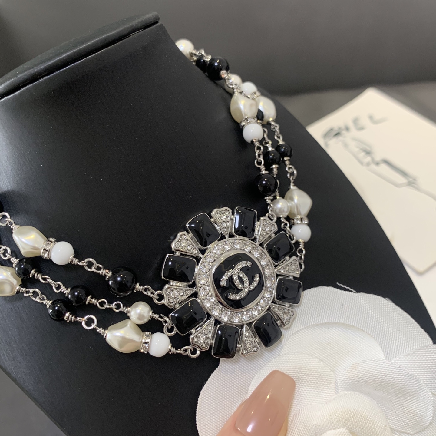 Chanel CC Sunburst Multi-Strand Beaded Choker necklace Silver-tone metal black resin white faux pearl white resin clear crystal 16 inches with 2 inch extender