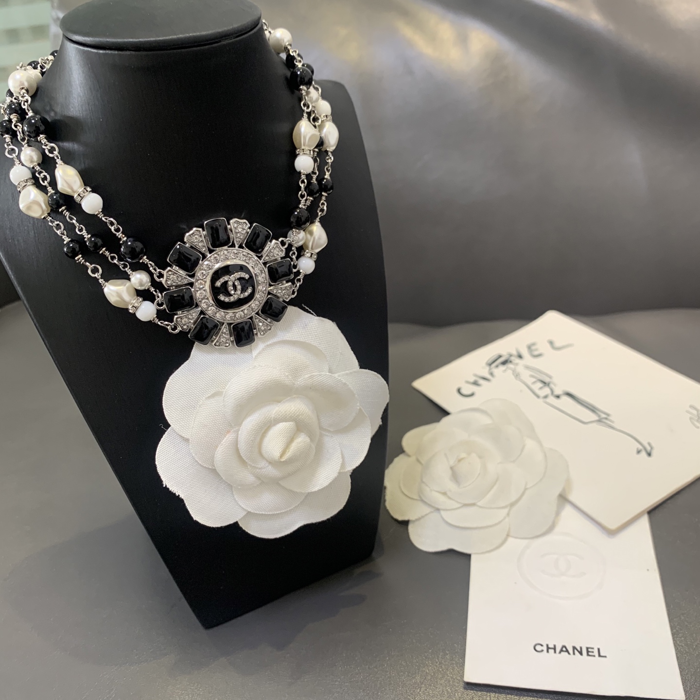 Chanel CC Sunburst Multi-Strand Beaded Choker necklace Silver-tone metal black resin white faux pearl white resin clear crystal 16 inches with 2 inch extender