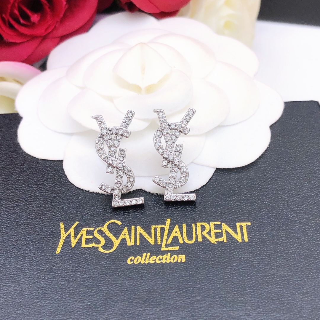Saint Laurent YSL Monogram earrings silver-toned metal with clear crystal accents 1 5cm stud length