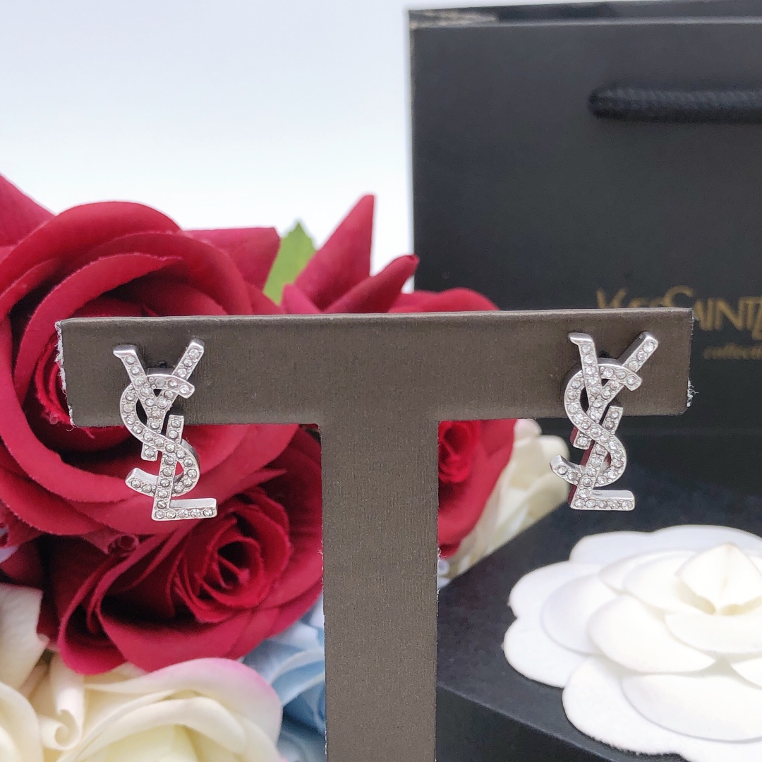 Saint Laurent YSL Monogram earrings silver-toned metal with clear crystal accents 1 5cm stud length
