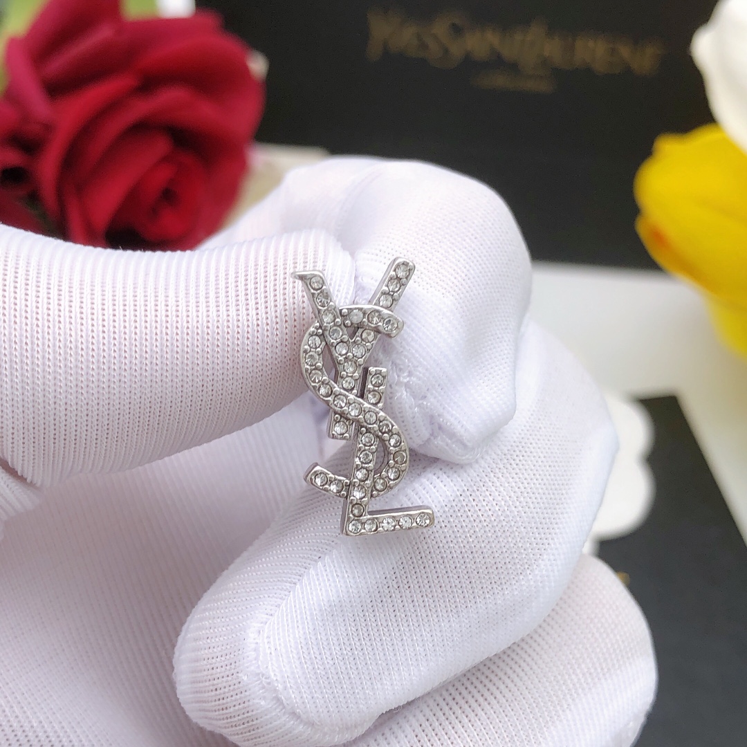 Saint Laurent YSL Monogram earrings silver-toned metal with clear crystal accents 1 5cm stud length