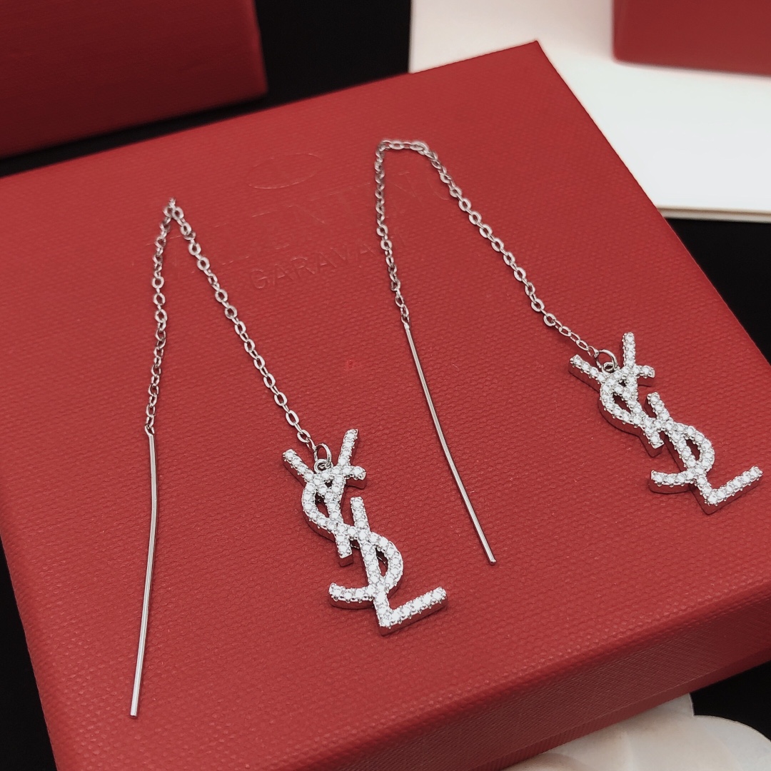 Saint Laurent YED0072 Cassandre Monogram Threader Earrings earrings silver-toned metal with clear pave crystals 6cm total threader length