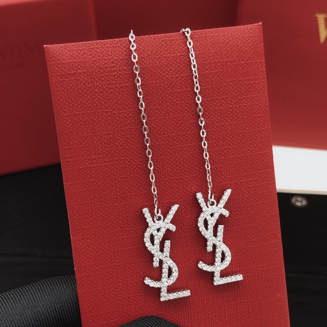 Saint Laurent YED0072 Cassandre Monogram Threader Earrings earrings silver-toned metal with clear pave crystals 6cm total threader length