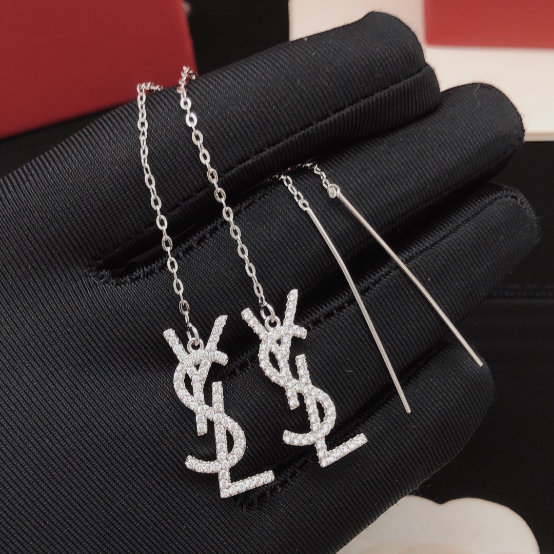 Saint Laurent YED0072 Cassandre Monogram Threader Earrings earrings silver-toned metal with clear pave crystals 6cm total threader length