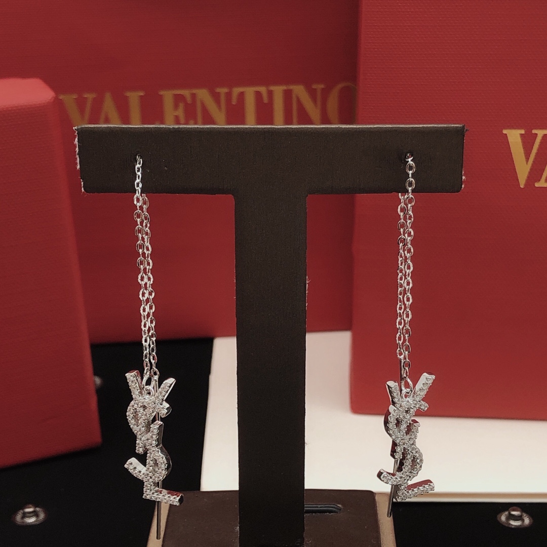 Saint Laurent YED0072 Cassandre Monogram Threader Earrings earrings silver-toned metal with clear pave crystals 6cm total threader length