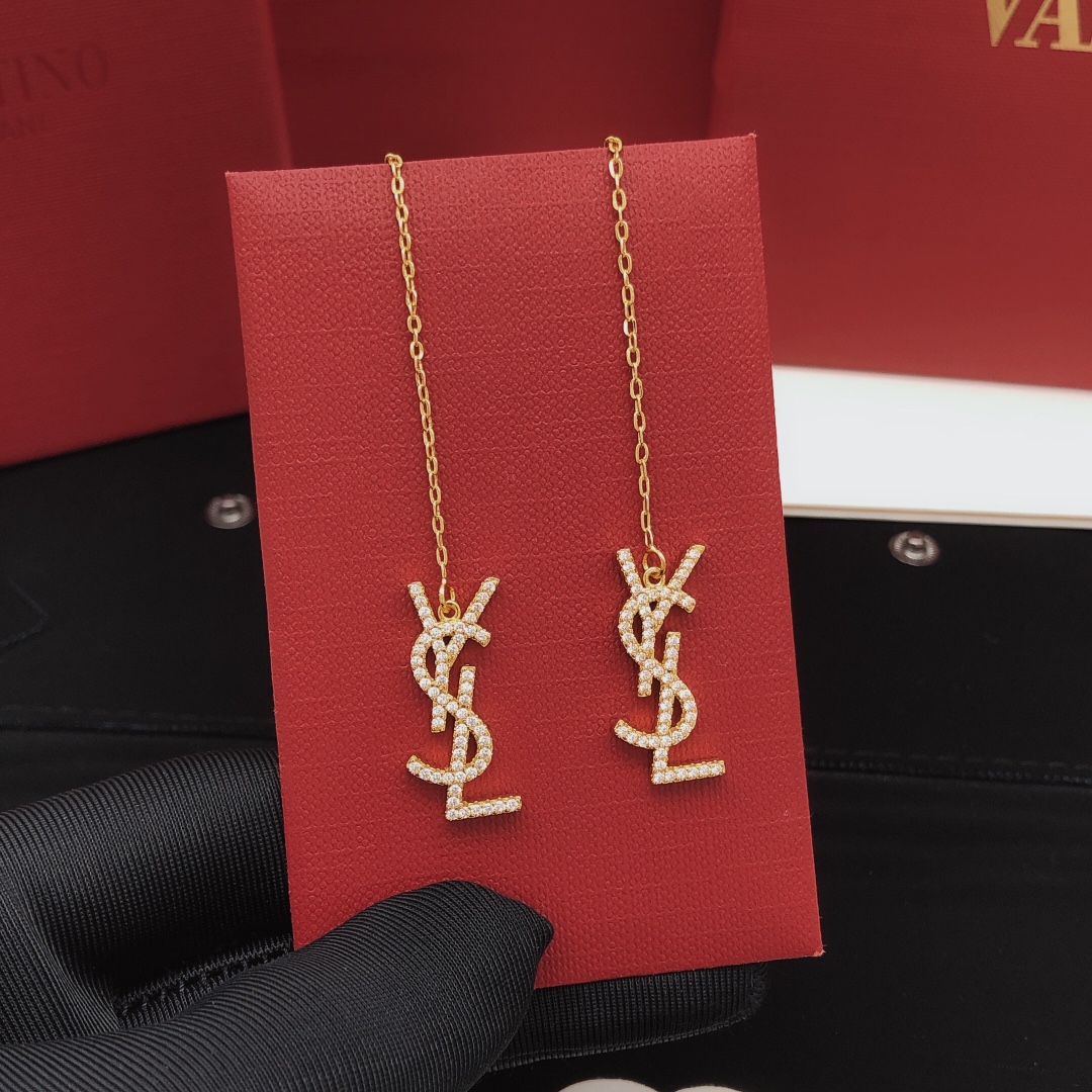 Saint Laurent YED0071 Cassandre Monogram Threader Earrings earrings gold-tone metal with clear pave crystals 6cm chain length