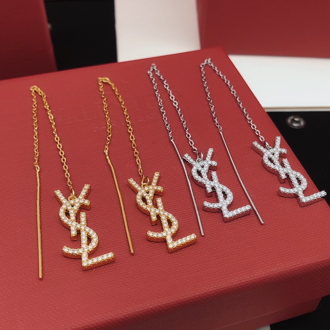 Saint Laurent YED0071 Cassandre Monogram Threader Earrings earrings gold-tone metal with clear pave crystals 6cm chain length