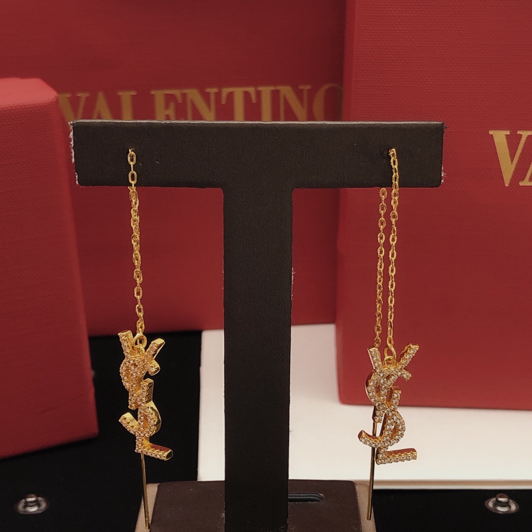 Saint Laurent YED0071 Cassandre Monogram Threader Earrings earrings gold-tone metal with clear pave crystals 6cm chain length