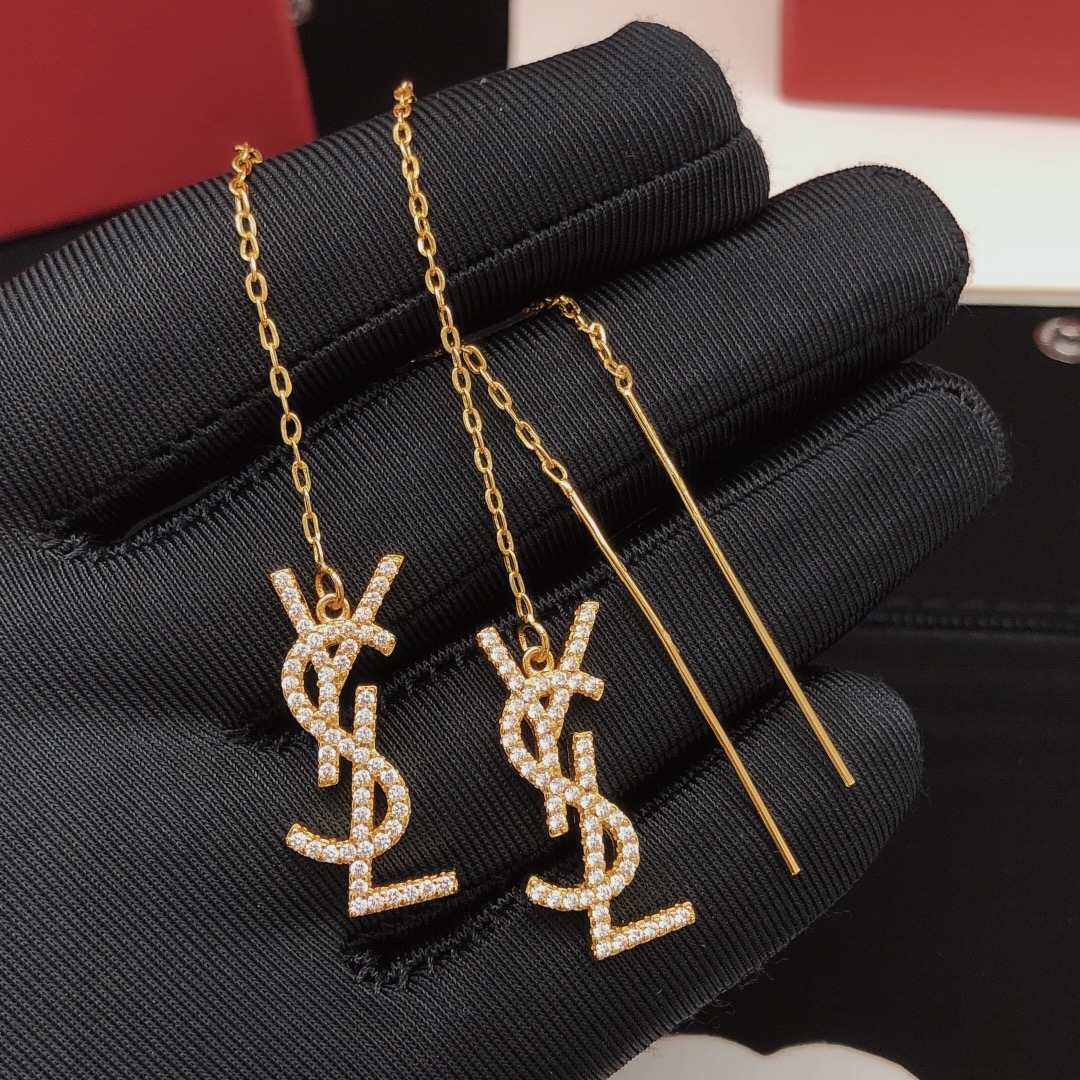 Saint Laurent YED0071 Cassandre Monogram Threader Earrings earrings gold-tone metal with clear pave crystals 6cm chain length