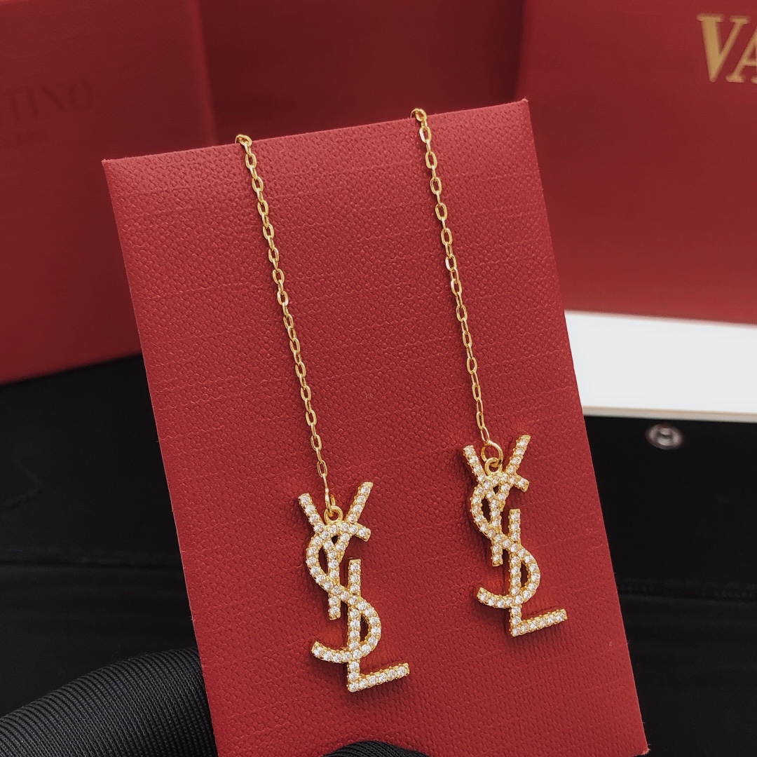 Saint Laurent YED0071 Cassandre Monogram Threader Earrings earrings gold-tone metal with clear pave crystals 6cm chain length