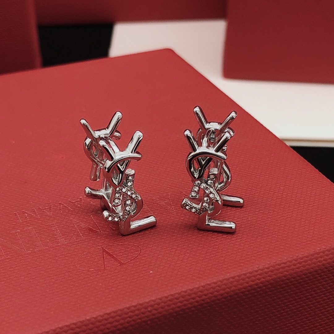 Saint Laurent YED0069 Cassandre Monogram earrings silver-toned metal with clear pave crystals 1 5cm stud length