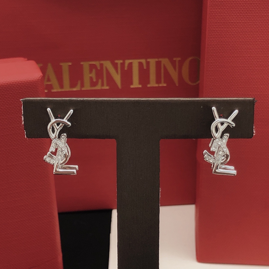 Saint Laurent YED0069 Cassandre Monogram earrings silver-toned metal with clear pave crystals 1 5cm stud length
