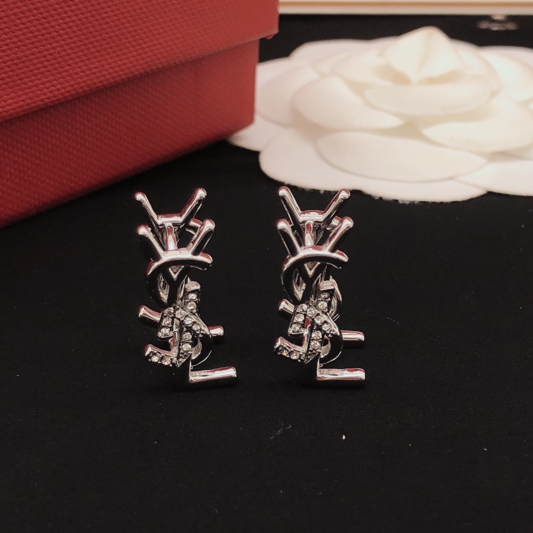 Saint Laurent YED0069 Cassandre Monogram earrings silver-toned metal with clear pave crystals 1 5cm stud length