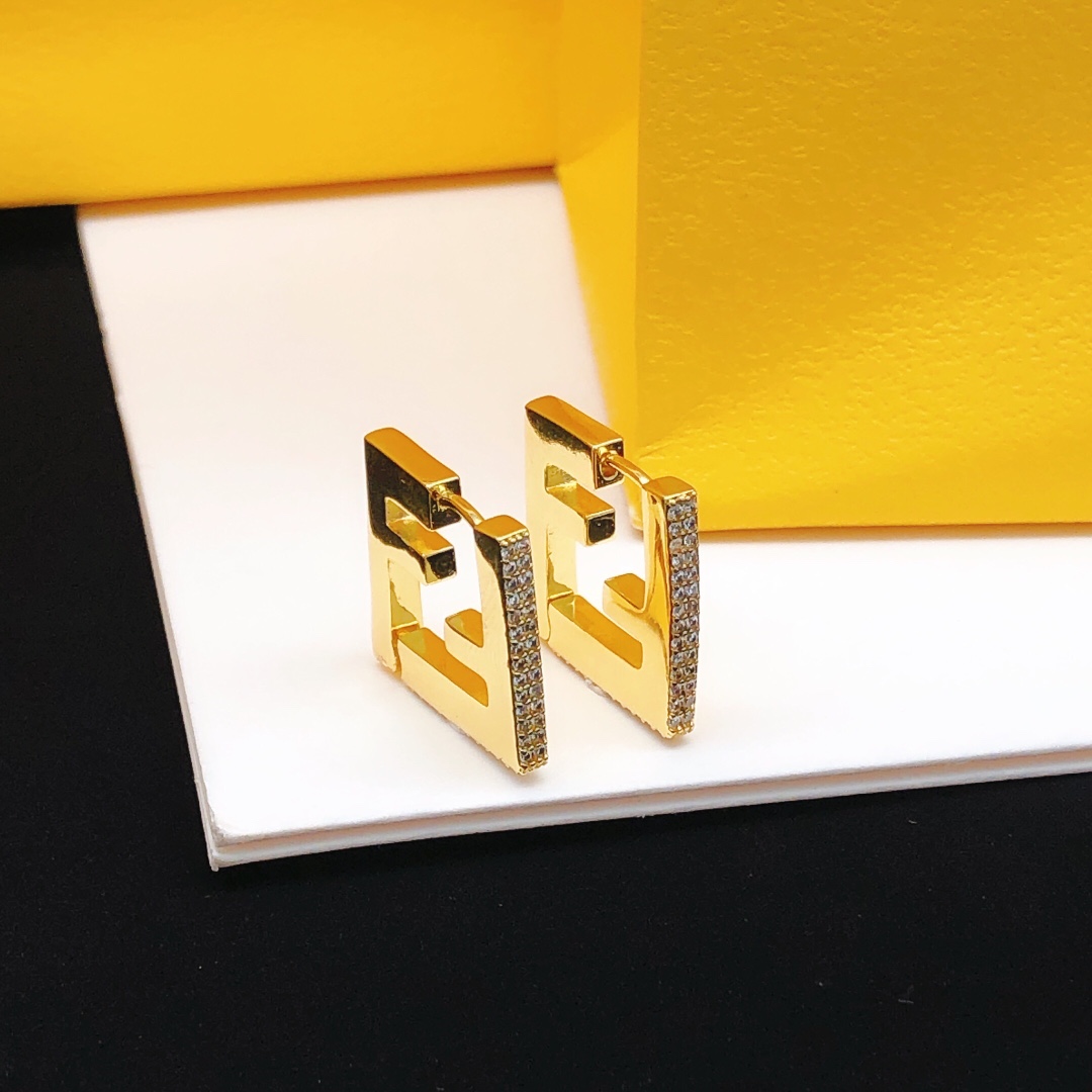 Fendi FF Logo Hoop Earrings earrings gold-tone metal with clear pave crystals 2cm diameter