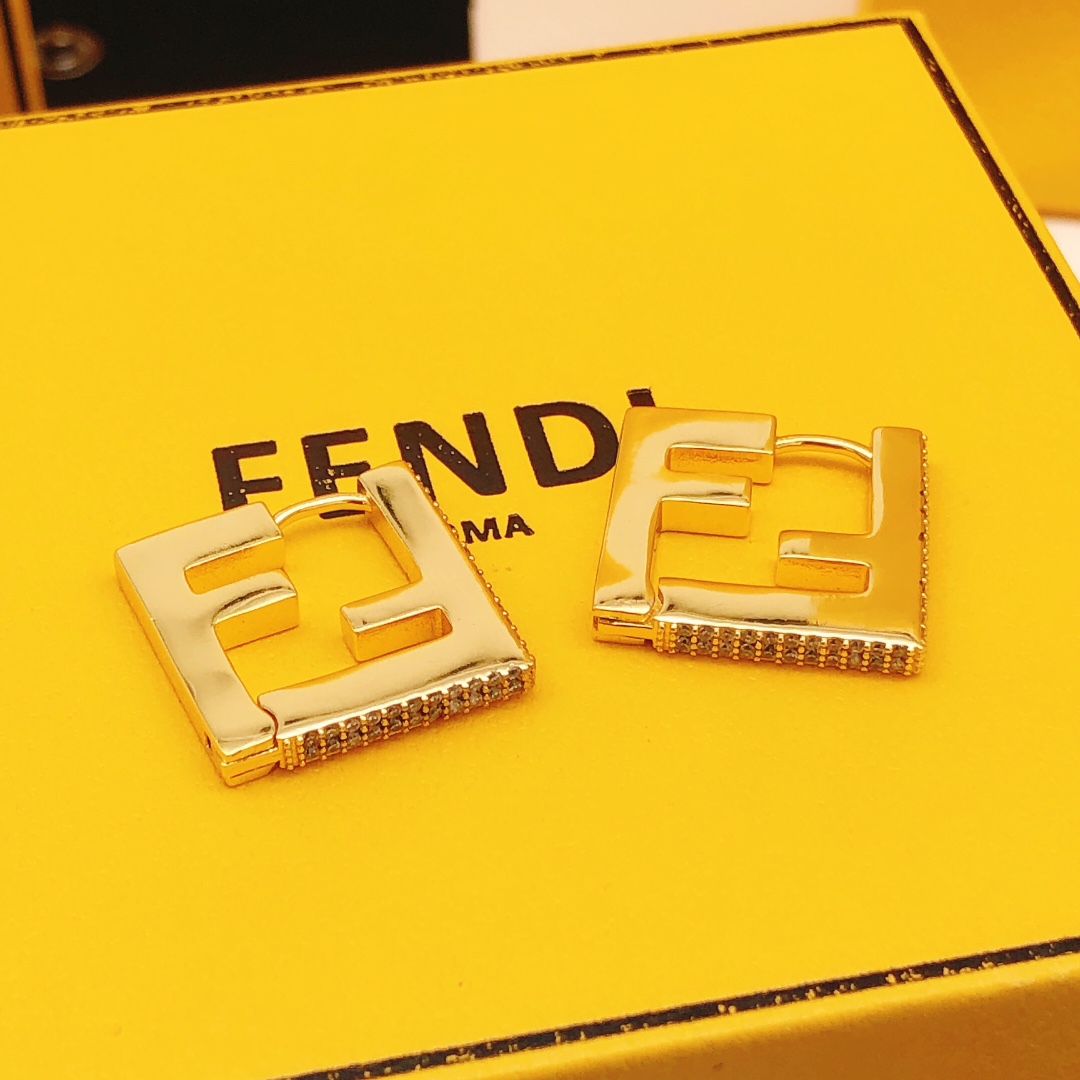 Fendi FF Logo Hoop Earrings earrings gold-tone metal with clear pave crystals 2cm diameter
