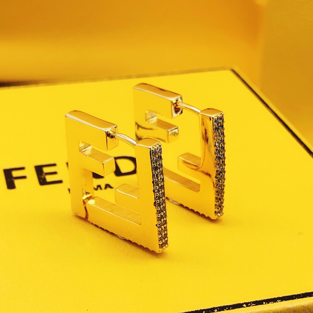 Fendi FF Logo Hoop Earrings earrings gold-tone metal with clear pave crystals 2cm diameter